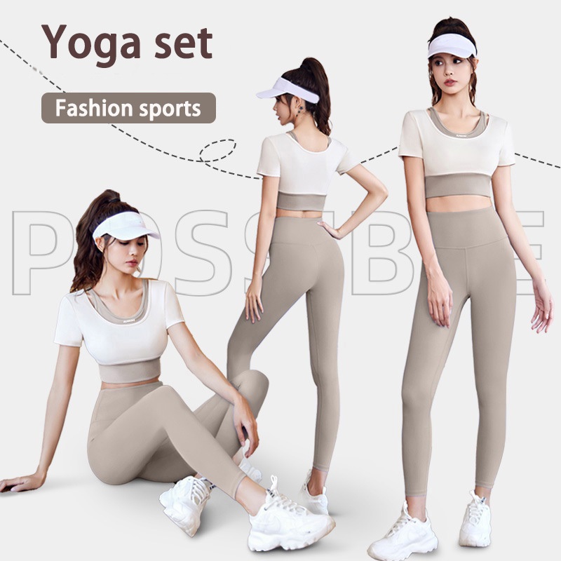 Flyblue Workout Clothes Gym Yoga Set Sport Wear Fake Two-Piece Yoga Gym Shirt Sport Running Top With Pad Contrast Color Yoga Pants Sport Pants Shorts Women High Waist Quick-Drying