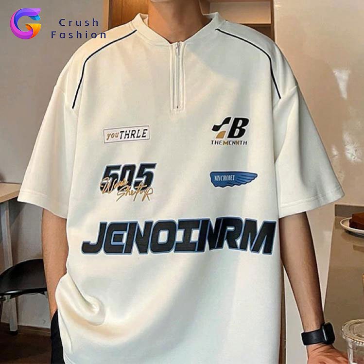 Crush Fashion Korean Mens Oversized Motorcycle Zipper Polo Shirt Summer All-match for Women Trendy Letter Printed Top for Men Loose Round Neck Short Sleeve T-shirt Unisex