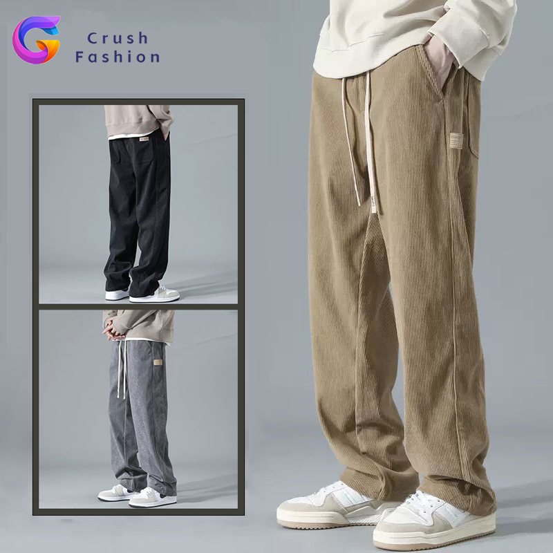 Crush Fashion Mens Korean Corduroy Pants Summer Breathable Thin Style 3color Baggy Pants for Men Straight Cut Slacks Slocks Unisex Trouser