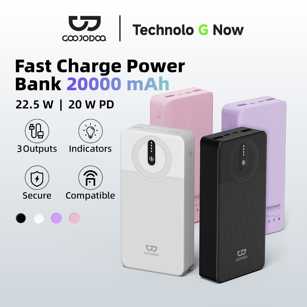 GOOJODOQ 20000mAh Power Bank Fast Charging USB Charging Portable LED Light 22.5W for Pad Phone Fan