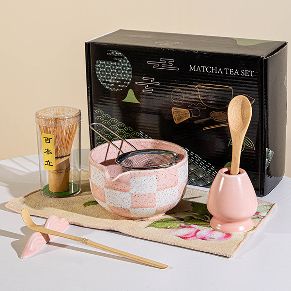 7 Pcs Matcha Set - Bamboo Whisk (Chasen), Brewing Bowl w/ Spout, Sifter, Scoop, Holder & Brush