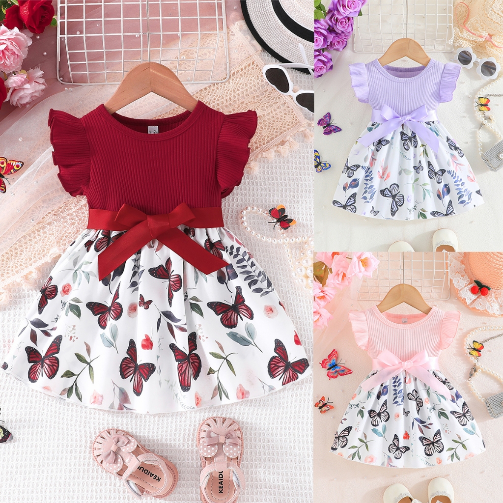 【Ready Stock Selangor】Baju Raya Baby Girl 6-36 Bulan | Gaun Kanak-Kanak Perempuan Short Sleeve Butterfly Print Corak Rama-Rama - Tali Pinggang Maroon/Purple/Pink | Princess Dress Birthday Party Christening Formal