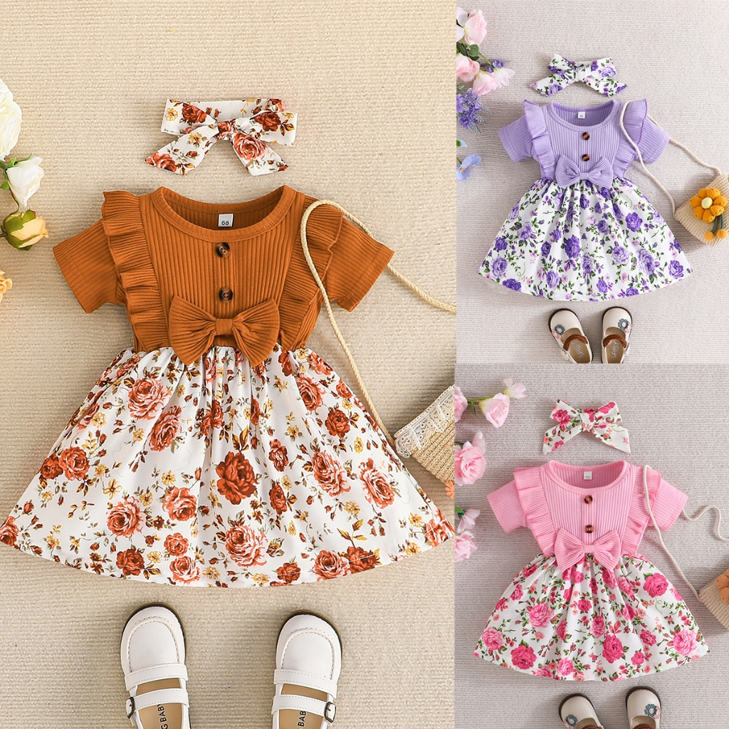 Ready Stock Selangor Baby Girl Dress 0-24 Bulan Baju Raya Bayi Perempuan Cotton Short Sleeve Corak Bunga Floral Warna Maroon Coklat Pink Ungu Free Headband