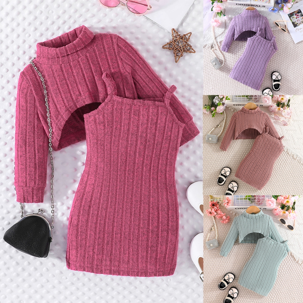 Baju Kanak Baby Perempuan Girl 6Bulan-3Tahun Set Long Sleeve + Dress Straps Pakaian Raya Hari Jadi Hadiah Ulang Tahun Pertama