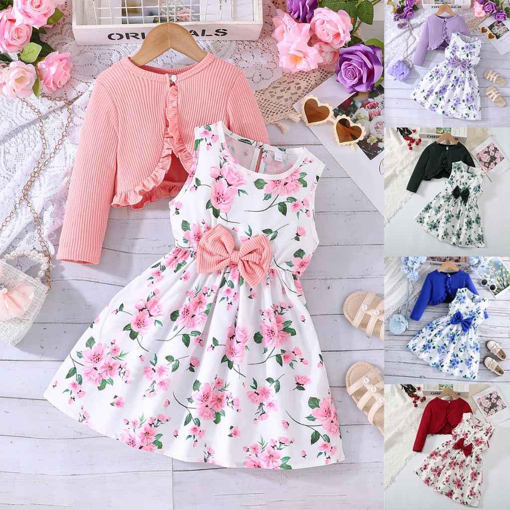 [Ready Stock Selangor] Baju Raya Girls Outfit Set Kanak-Kanak Perempuan 2-8T Cardigan & Sleeveless Floral Dress with Bow Budak Perempuan Warna Pink Purple Blue