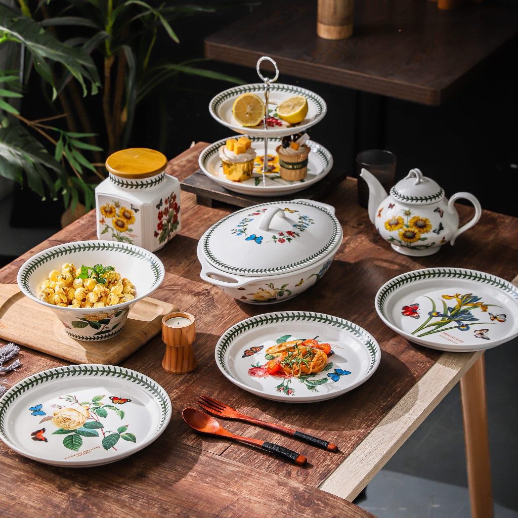 HongDian Peralatan makan keramik berlapis bawah glasir Portmeirion,piring makan rumah tangga,piring kue,piring sayuran,piring buah,teko keramik yang indah,cocok untuk pindahan rumah atau penggunaan rumah tangga.Ceramic tableware plates,teapot Soup pot,jar