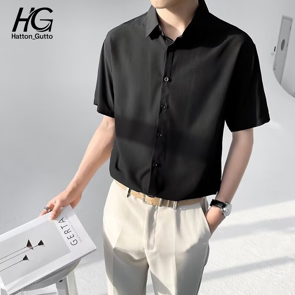 Hattongutto COD Baju Kemeja lelaki Men Casual Shirt kemeja oversize lelaki Baju Half Sleeve V Neck Buttons Up Loose Korean Men Shirt Plain Simple Basic Pure Color Shirt Men's Solid Shirts Business Tops 男生衣服 Men's Clothing Plus Size Short Sleeve Kemeja