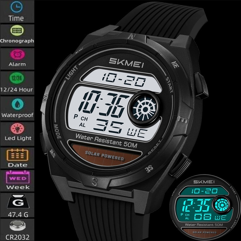 Skmei Solar Power Mens Sports Watches Fashion Silicone Strap LED Waterproof Chronograph 12 24 Hour Digital Military Alarm Clock