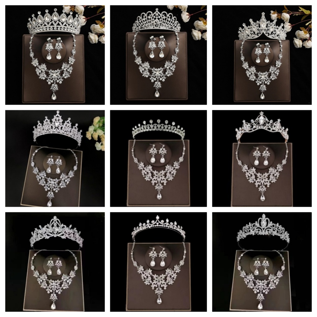 Malaysia Ready Stock Bridal Jewelry Set ( Tiara + Necklace + Earrings ) Crystal Wedding Bride Accessories Luxury Crystal Bridal Jewelry Sets Women Fashion Tiaras Earrings Necklace Kit Bride Crown Jewel