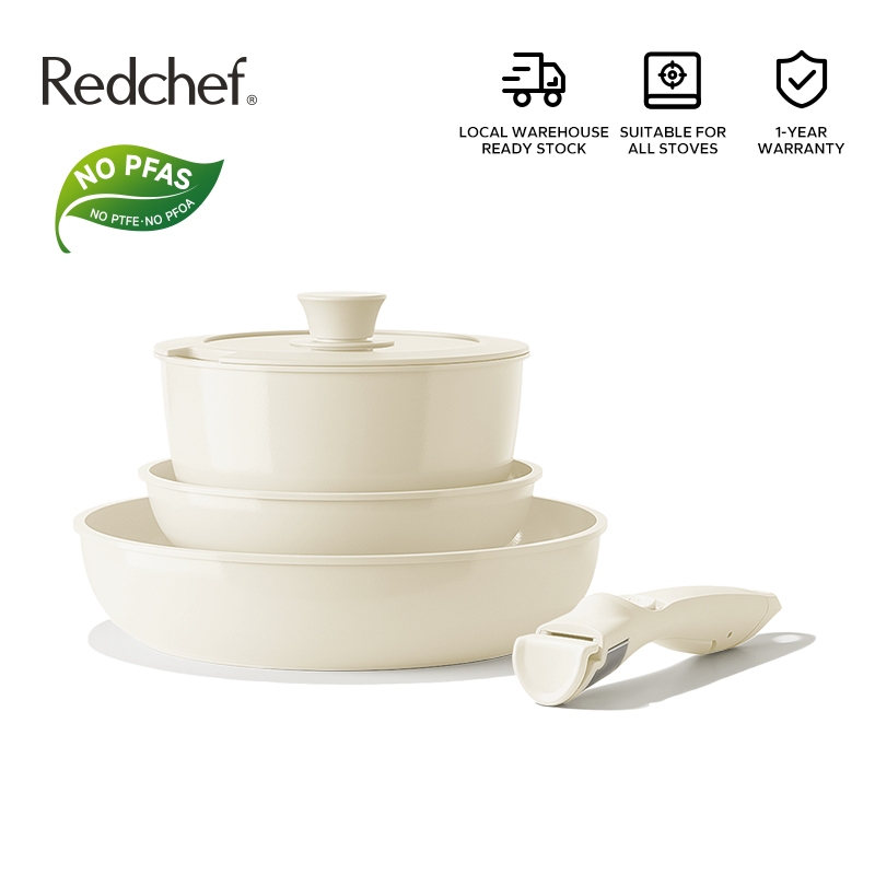 Redchef Nonstick Ceramic Rock  Cookware Set Handle Removable (5Pcs) Non Toxic, PFAS& PTFE& PFOA Free - Frying Pan(26+20cm)+Saucepan(20cm) Suitable for All Stoves(Gas, Electric & Induction)