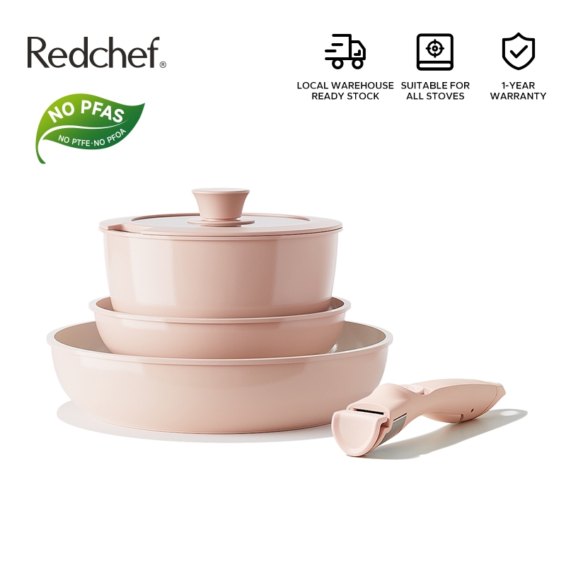 Redchef Nonstick Ceramic Rock Cookware Set Handle Removable Pink 5Pcs /16Pcs No PFAS& PTFE& PFOA  Suitable for All Stoves