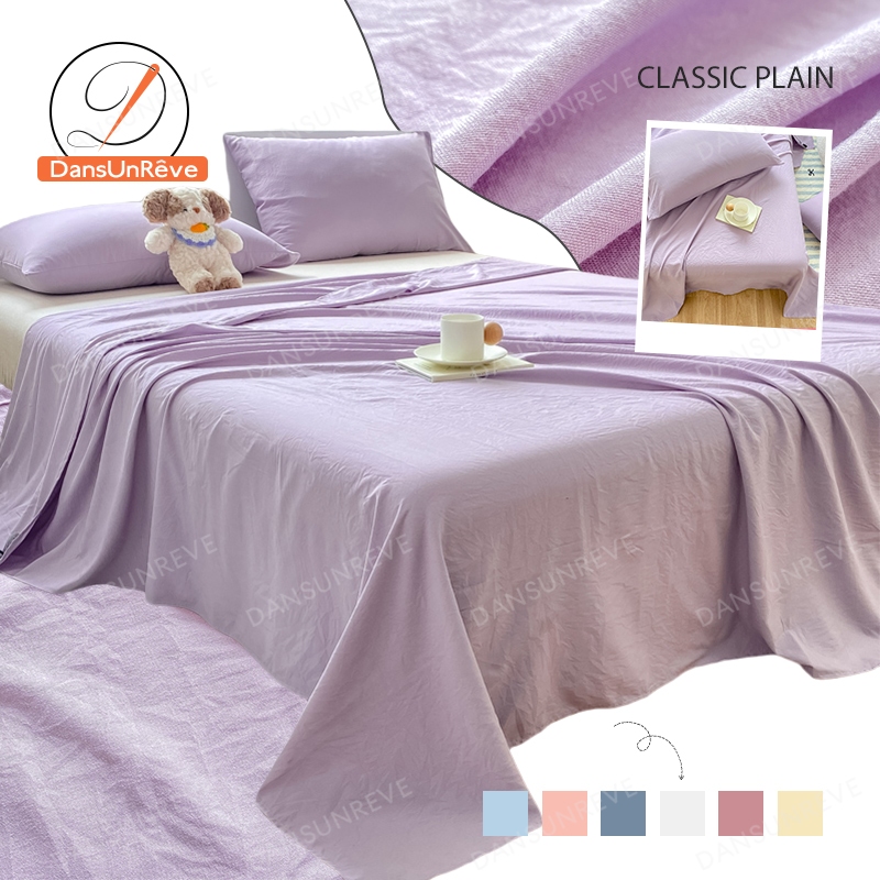 Washed Cotton Flat Sheet Solid Color Pink/Purple/Green Cadar Kapas Lembut 水洗棉床单 Single/Queen/King