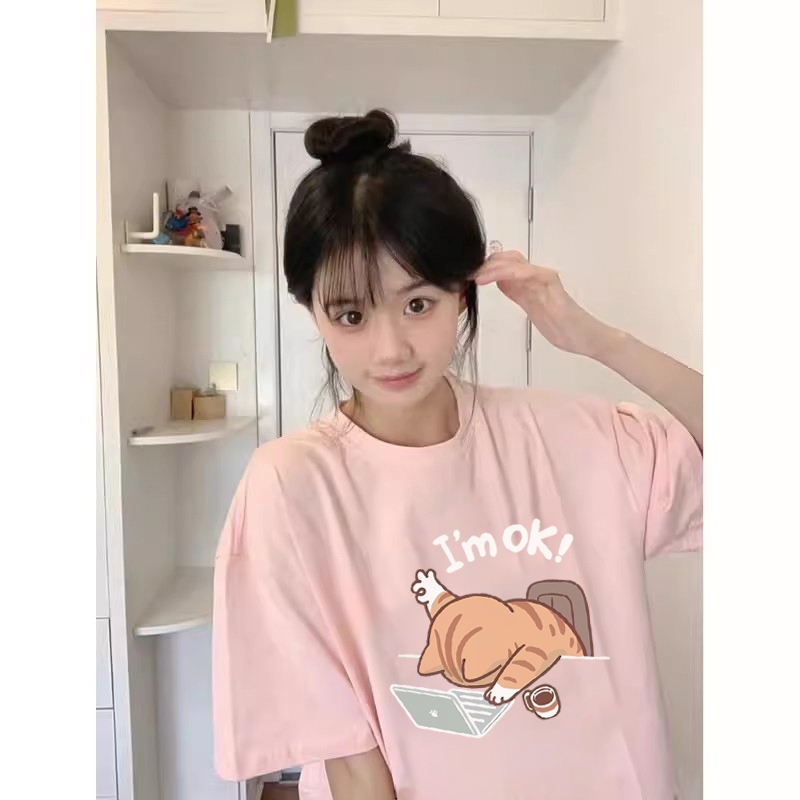 Casual Loose Fit Cat Print Women's Oversized Round Neck Short Sleeve T-Shirt - 100% Pure Cotton