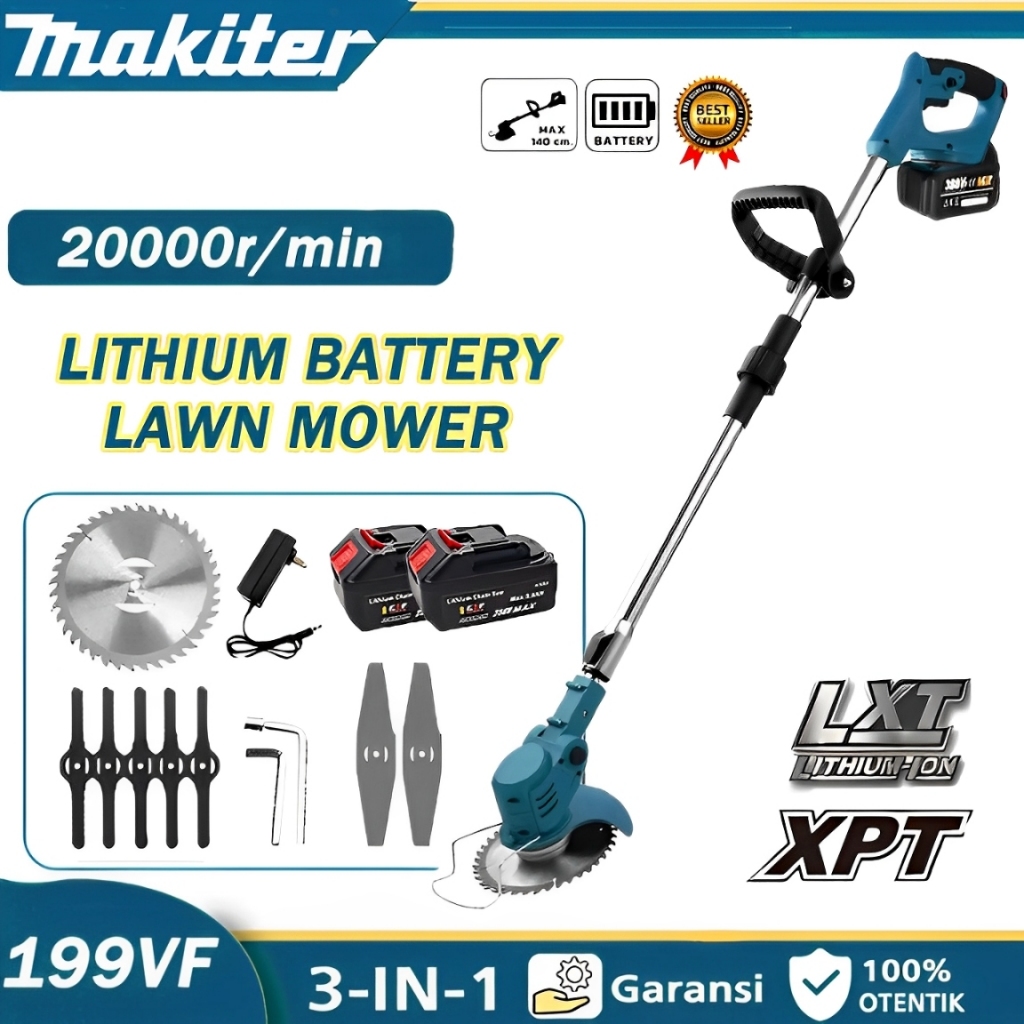 Makiter Mesin Rumput Bateri Cordless Grass Cutter Mesin Potong Rumput Elektrik Trimmer Rumput Bateri 199V