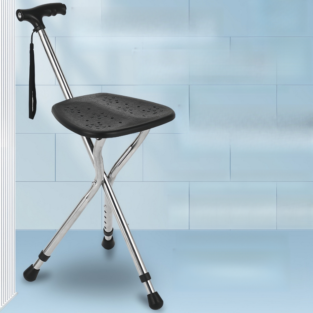 Walking Cane Stool Elderly Anti-slip Folding Walking Cane Chair、walking aid、walking cane、tongkat orang tua、tongkat lipat、tongkat 4 kaki、Foldable walking stick for elderly、tongkat kaki 4、拐杖椅子----