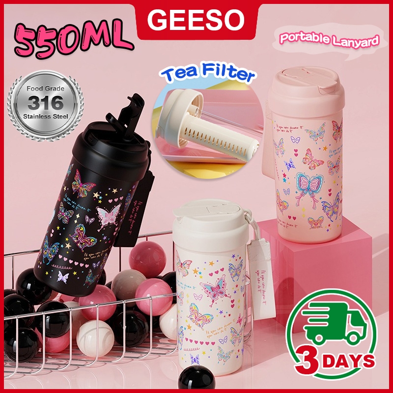 GEESO Stainless Steel Thermos Cute Butterfly Coffee Tumbler With Tea Strainer Stainless Steel Girl Thermos Cup Flask Tumbler 蝴蝶吸管杯
