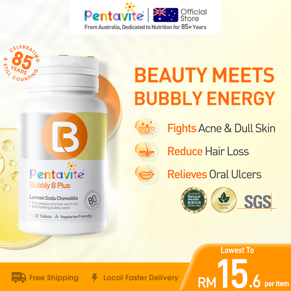 Pentavite Bubbly B Vitamins Plus Energy Lemon Soda Chewable（30 Tablets for Adult）Vitamin B Complex supplements well being Stronger Immunity multi b Nerve Related Immune System Nervous System Health En