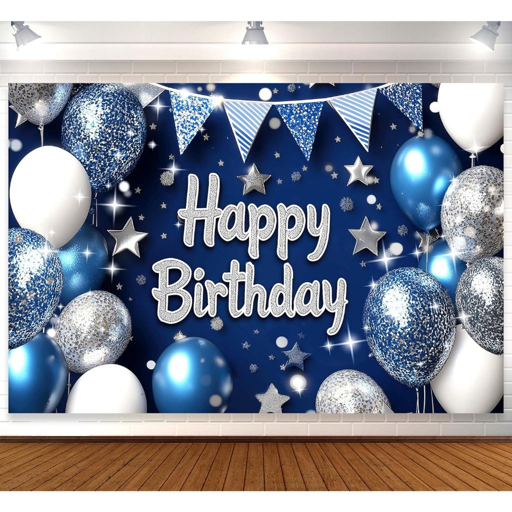 Royal Navy Blue Silver Happy Birthday Photography Backdrop for Men Happy Birthday Backdrop for Boys Royal Blue Background Birthday Decorations For Men Party Banner Decoraciones