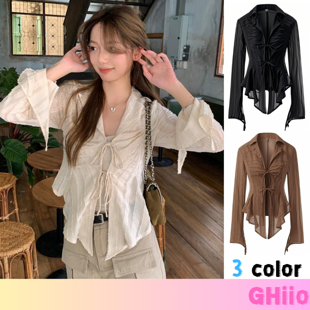 ?GHIIO? [ready stock in Malaysia] Blouse Women Korean Style Loose Chiffon Ruffle Lace-Up Long Sleeve Shirt 时尚设计感休闲办公上衣