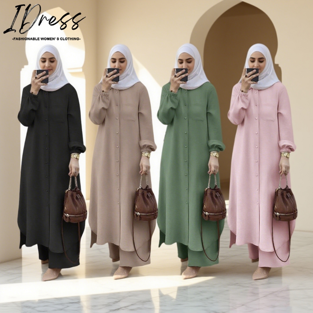 Luxury Dubai Abaya 2 Piece Set Muslimah Premium Floral Long Shirt Wide Pants Comfortable Tropical Climate Eid Ramadan Party Free Size 2025