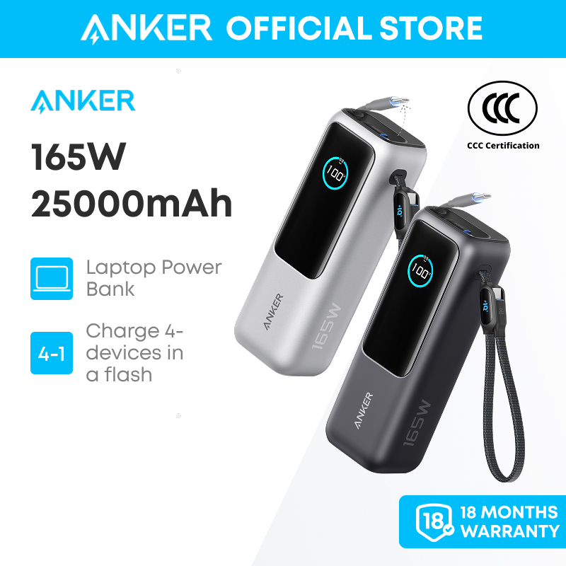 Anker Laptop Power Bank 25,000mAh Portable Charger with Triple 100W USB-C Ports for Multi-Device Charging, Built-In and Retractable Cables-A1695
