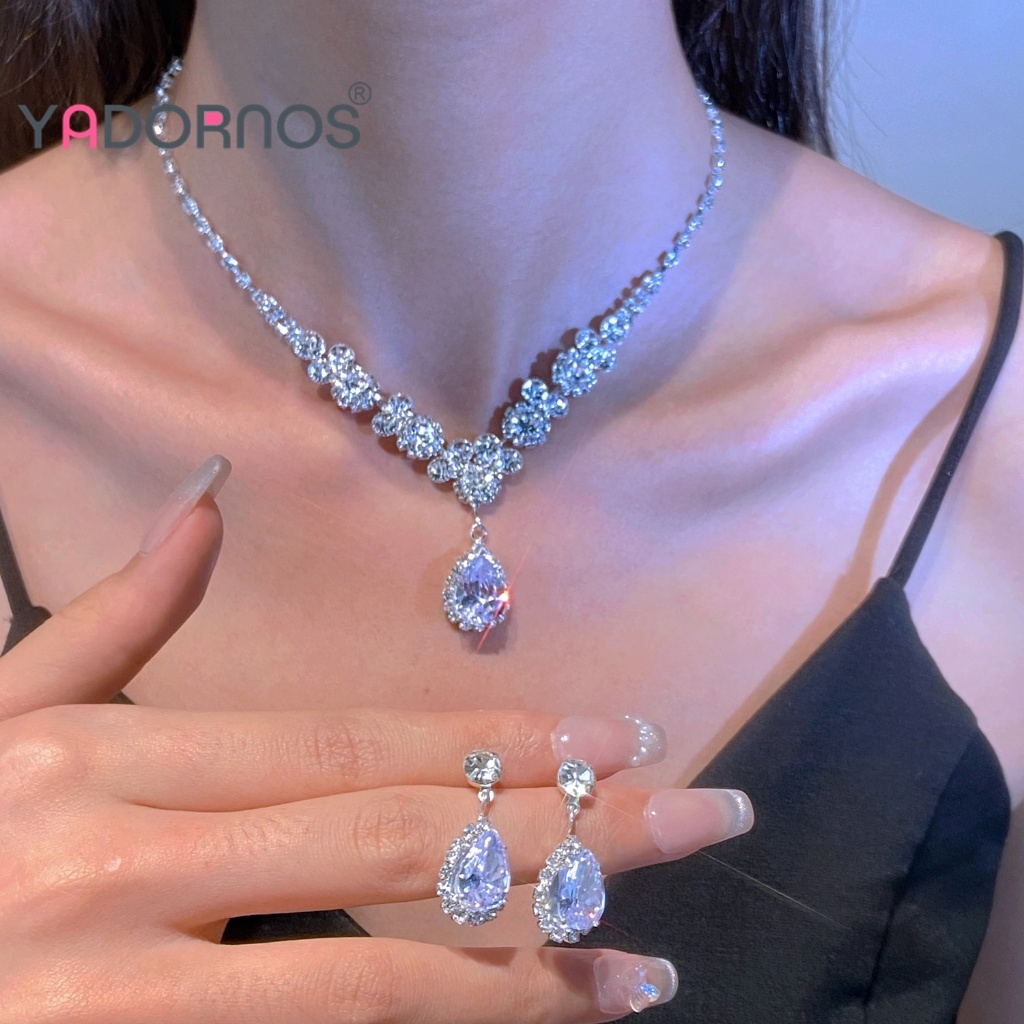 YADORNOS Women's Necklace Zircon Dangle Earrings Set Sparkling Full Rhinestones Exquisite for Anniversary Mother's Day GiftCharm