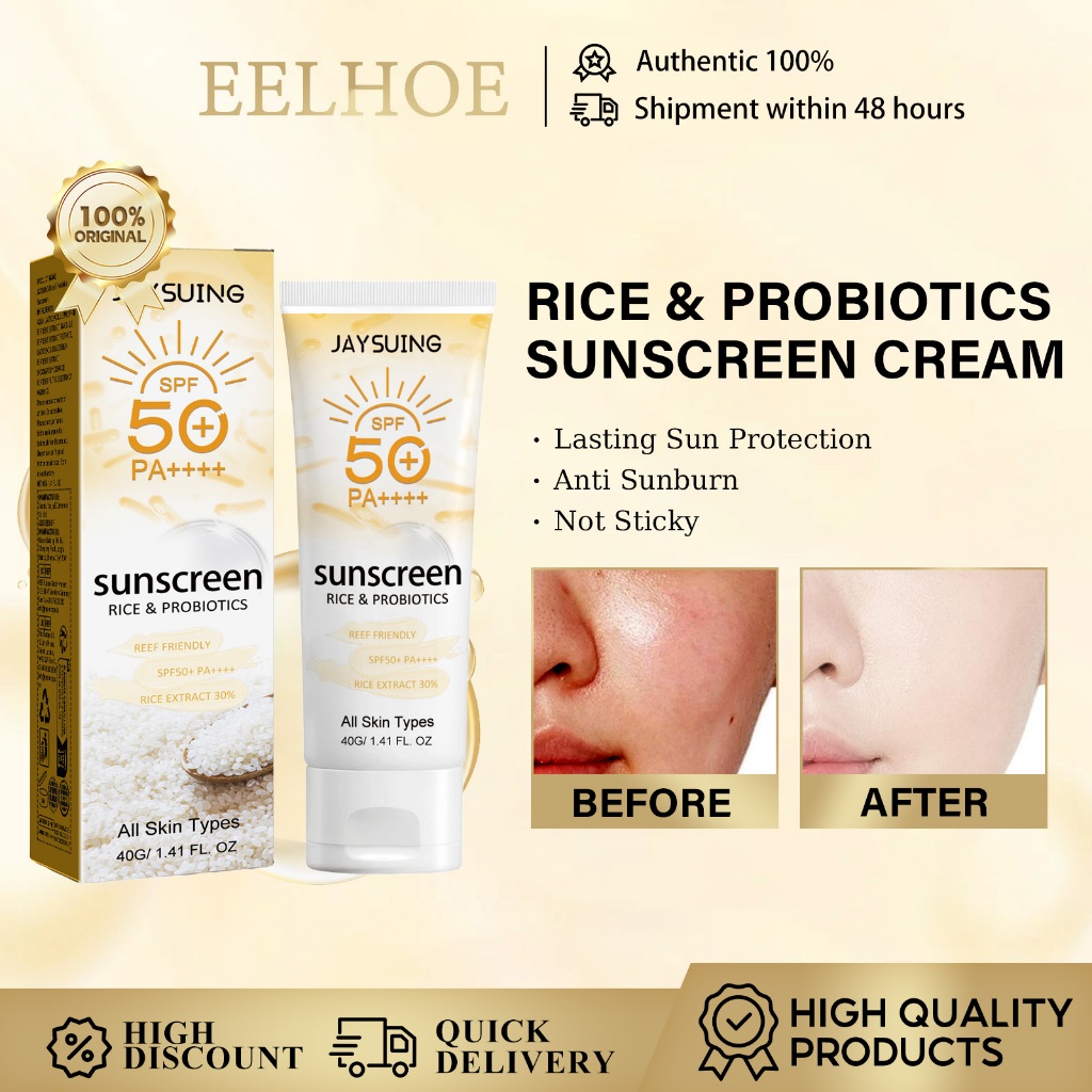 Jaysuing Spf 50++++ Refreshing Sunscreen Probiotic Rice Organic Whit-Ening Isolate Ultraviolet Rays Waterproof Facial Uv Protection Sunblock Outdoor Sun Protection Not Sticky（