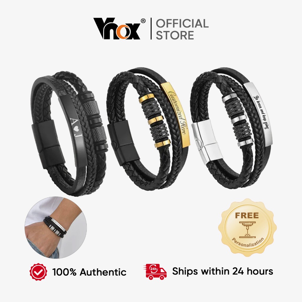 Vnox Free Custom Magnetic PU Leather Bracelets for Men Boys,Stainless Steel Personalized Three-layer Bangle Gift Jewelry