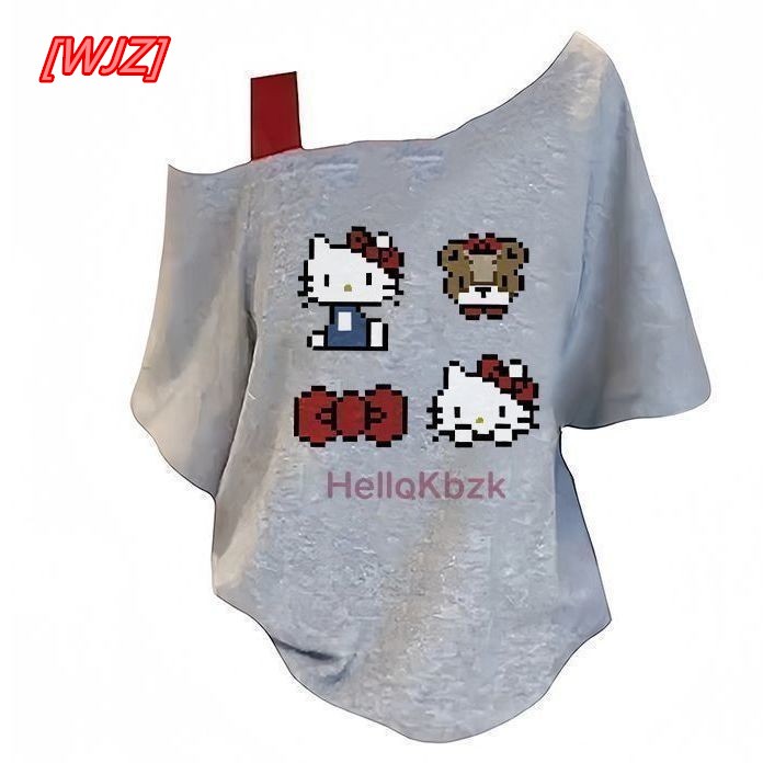 【WJZ】Korean Women Cartoon Print Sexy Strapless Loose cotton Short-Sleeved T-Shirt【PDD5 】