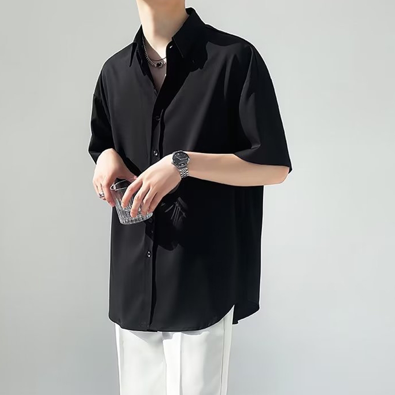 HOUCH COD Buttons Loose Plus Size Short Sleeve Men Casual Shirt 男生衣服 - Pure Color