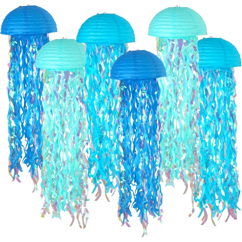 Blue hanging jellyfish paper lanterns for an underwater party, mermaid birthday decorations, VBS baby baptism, ocean-themed classroom and beach room decorations, mermaid scale hang