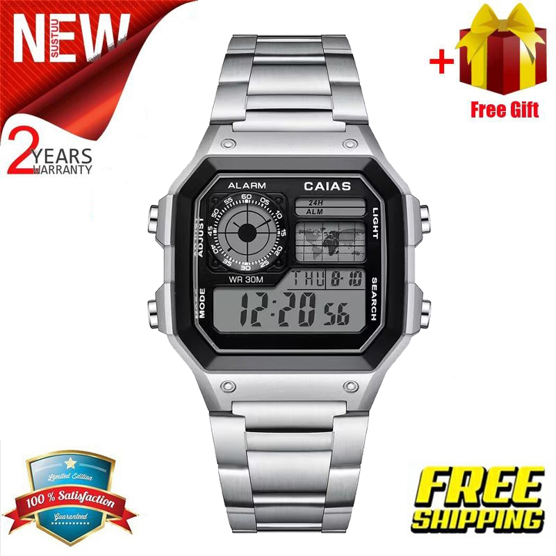 ( 2 YEARS WARRANTY ) Jam Tangan Lelaki GShock Vintage Ae1200 Digital Silver Stainless Steel Strap Men's Women's Unisex