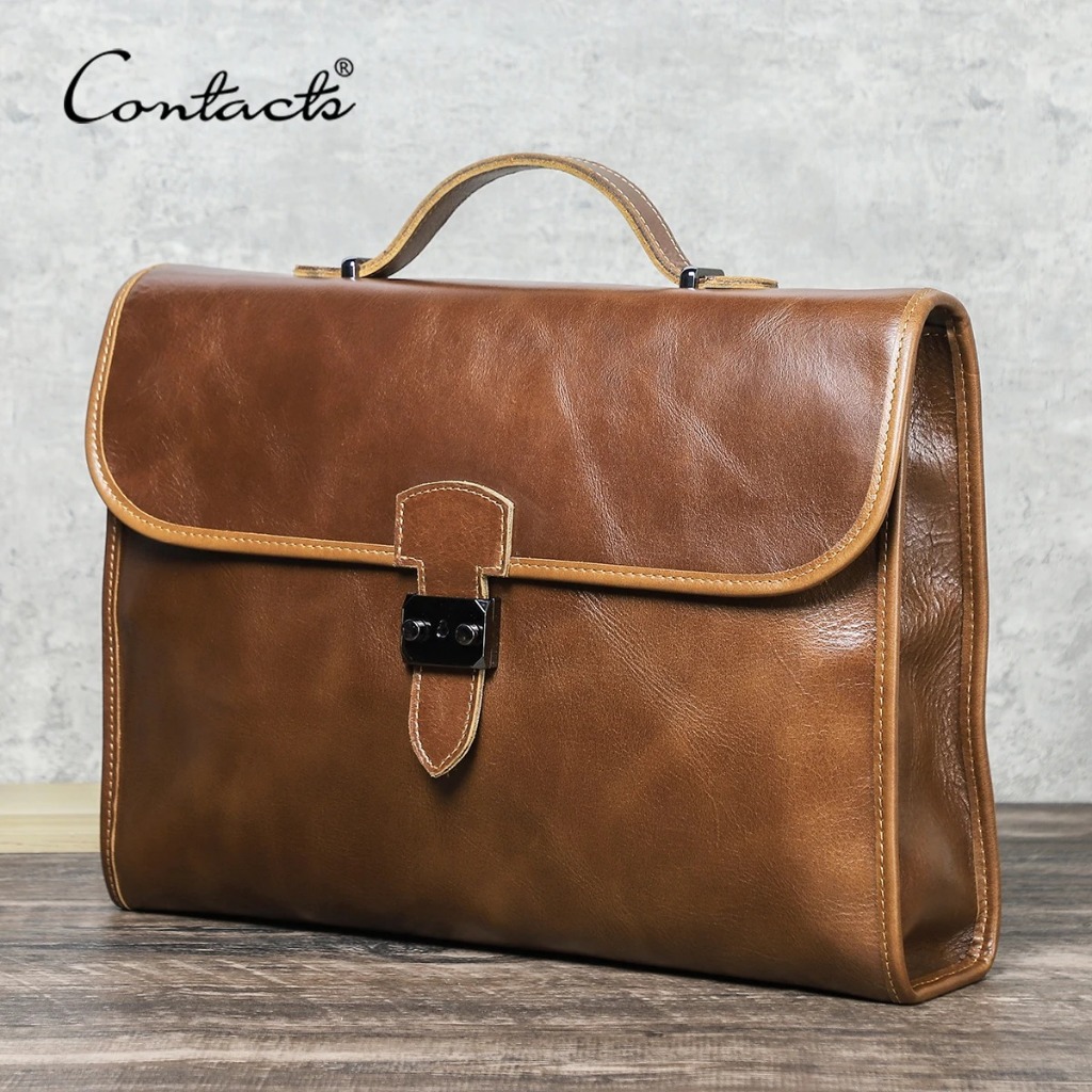 CONTACT'S Genuine Leather Men Laptop Bags Small Briefcase Business Bag Executive Bag Handbag Document Bags for 14" Macbook Pro