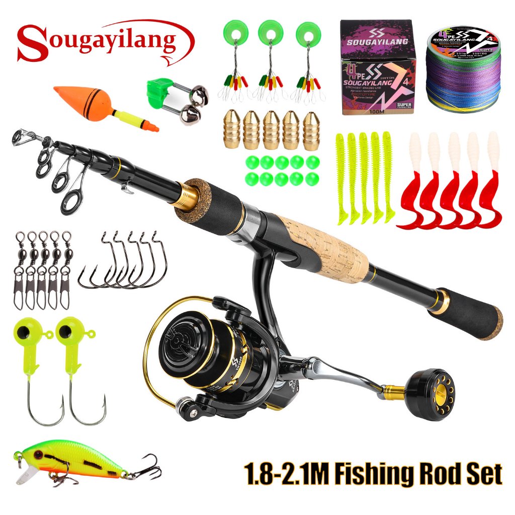 Sougayilang 1.8-2.1M Telescopic Fishing Rod Set Light Solid Carbon Fiber Rod 2000-4000 Metel Fishing Reel 5.0: 1 Gear Ratio for Outdoor Fishing