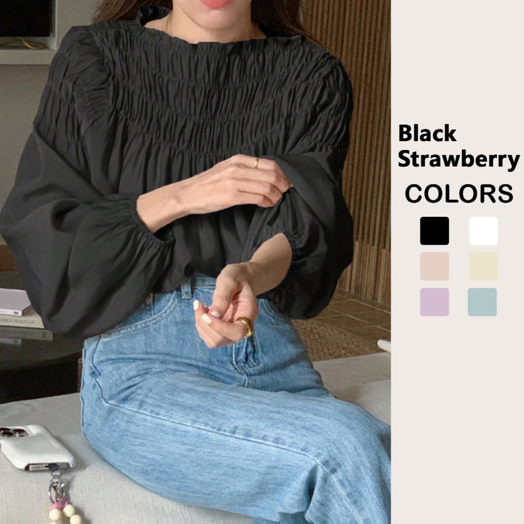 Black Strawberry Pleated Long Sleeve Pullover - Solid Colour