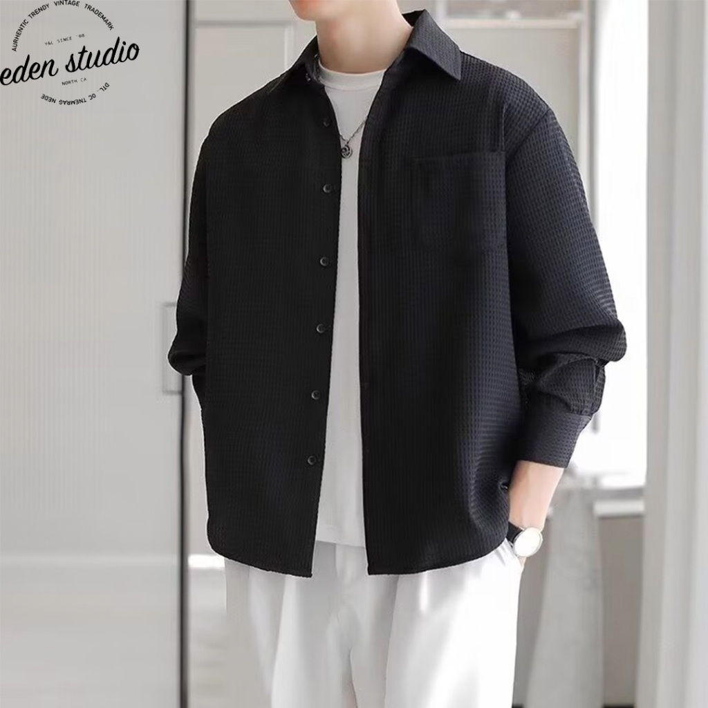 Edenstudio COD Black Shirt Men Long sleeved Shirt Korean Style Trendy Jacket Summer Casual Wear White Shirt baju kemeja lelaki lengan panjang