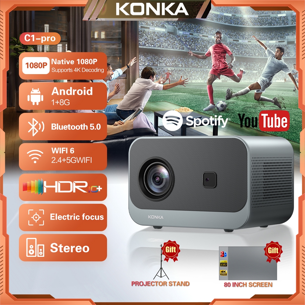 【1-year warranty】KONKA C1Pro Smart WiFi Projector, 1080P Full HD Portable Home Theater with Automatic Keystone Correction, Bluetooth Speaker Home Theater