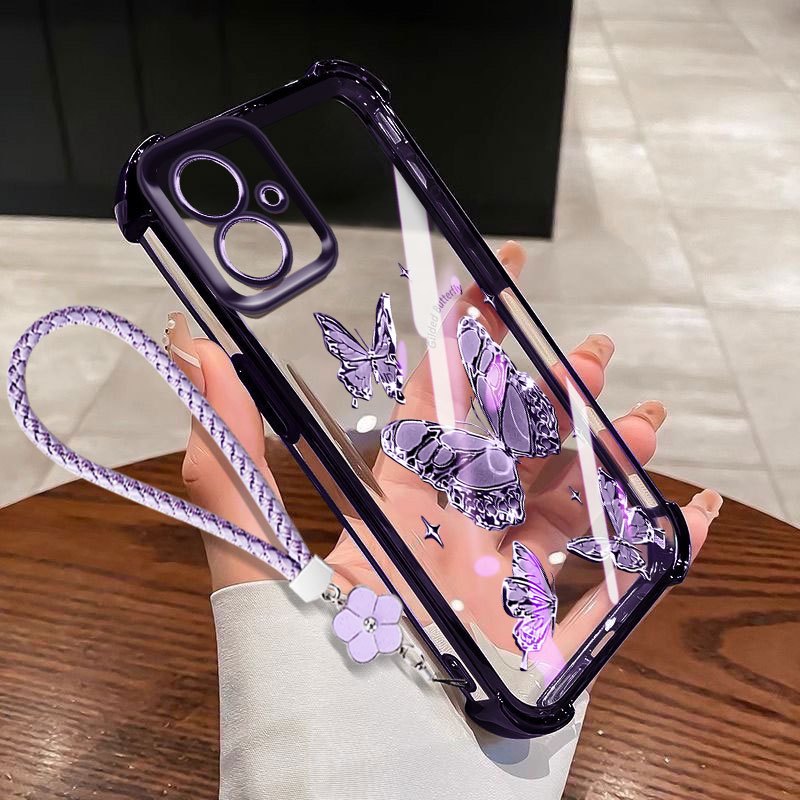 VRQR for Samsung Galaxy A06 4G 5G A05S A05 A04 A03 Casing Four Butterfly Transparent Anti Drop Phone Case with Flower Rope