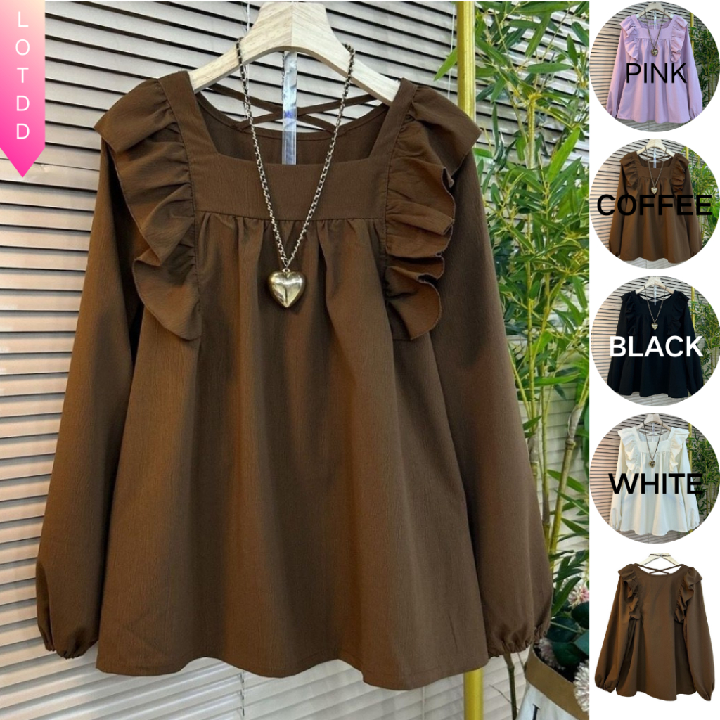 LOTDD[ready stock in Malaysia] Blouse Women Ladies Loose Shirt Women Blouse Plus Size Long Sleeve Women Shirt XL-6XL(45-100kg) Clothing maternity wear 2025 Spring New Korean Ruffled Square Collar Sense of Design Shirt Women