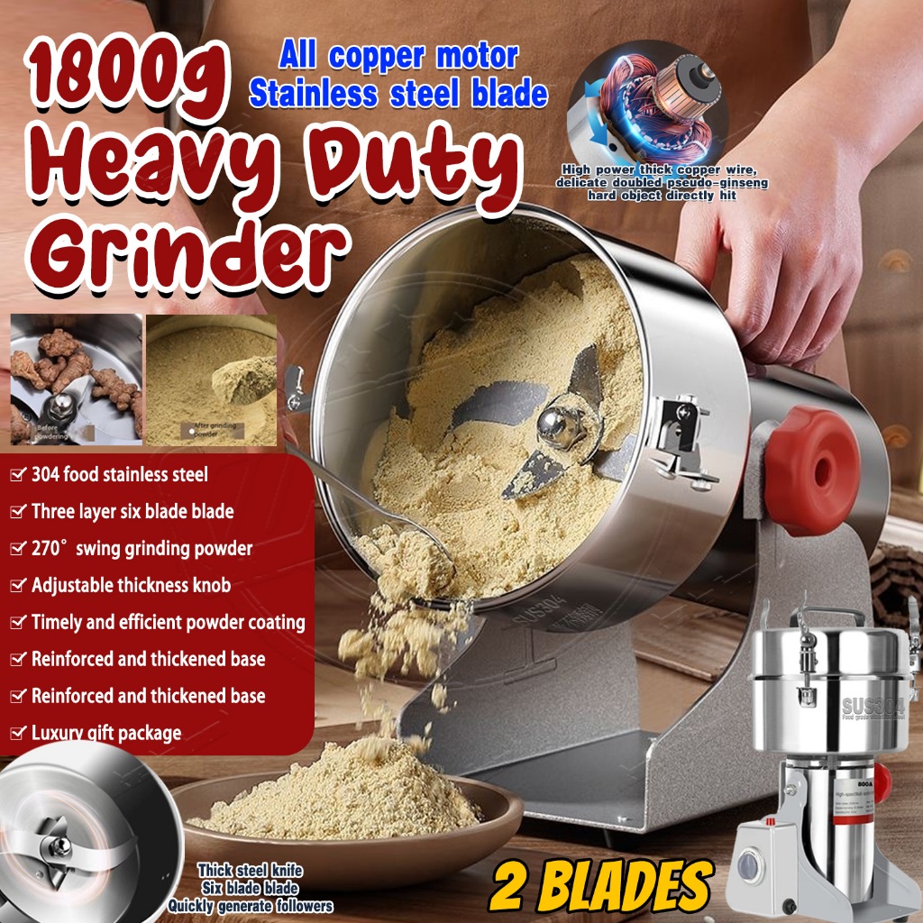 1800g Grinder Machine Stainless Steel Mesin Pengisar Kisar Blender Blander Belender Rempah Kacang Kering Dry Food Powder Miller Coffee Powder Grindin