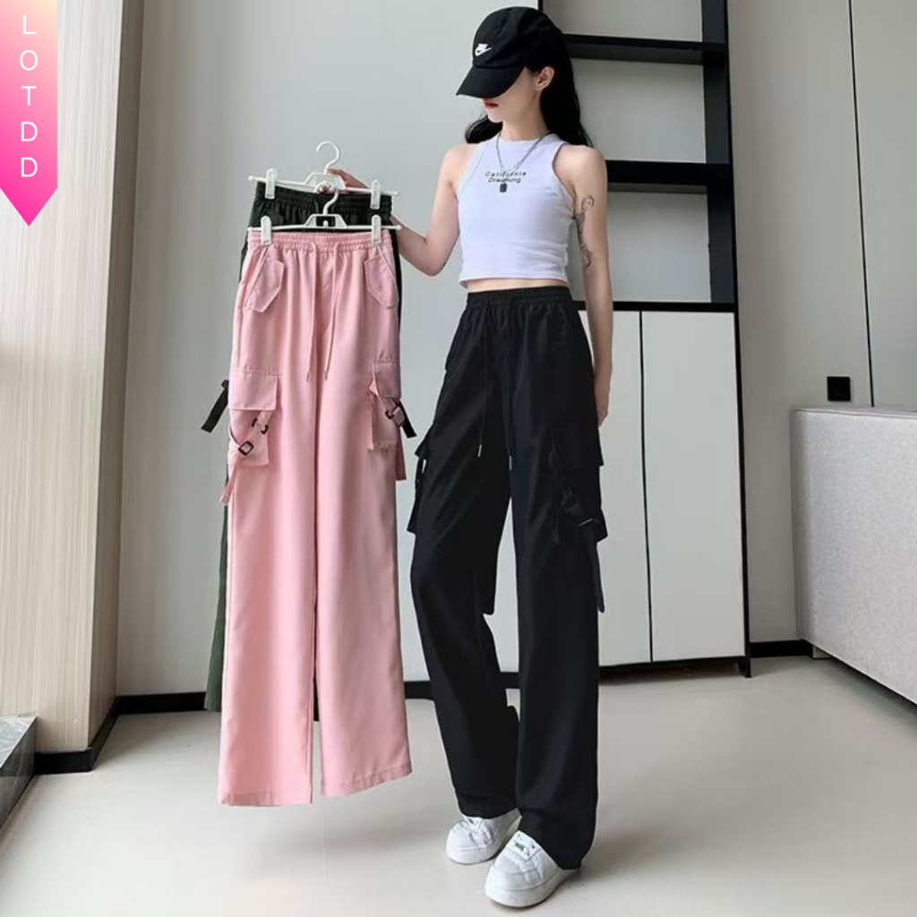 ?LOTDD?[ready stock in Malaysia] Cargo pants women seluar perempuan seluar cargo perempuan cargo pants women dopamine streetwear vintage sport casual baggy straight cut plus size outdoor multi pockets