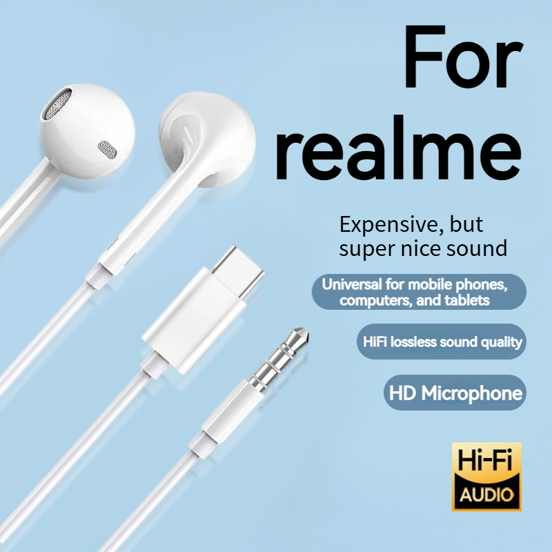 realme-Exclusive Wired earphones type c 3.5mm with mic high quality original headphones noise cancelling earbuds microphone gaming headset