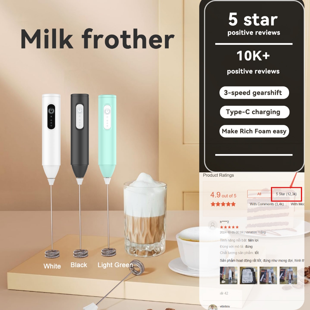 Kitchen Appliances Mixers Eletrico Milk Frother Handheld Egg Beater Rechargeable Coffee Frother, Matcha Whisk Drink Mixer for Coffee, Mini Foamer for Lattes, Cappuccino, Frappe, H