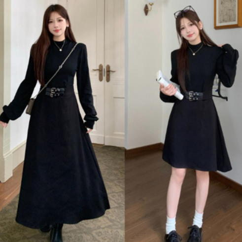 (M-4XL) Black Hepburn Style Plus Size Dress with Waist Cincher and A-Line Skirt