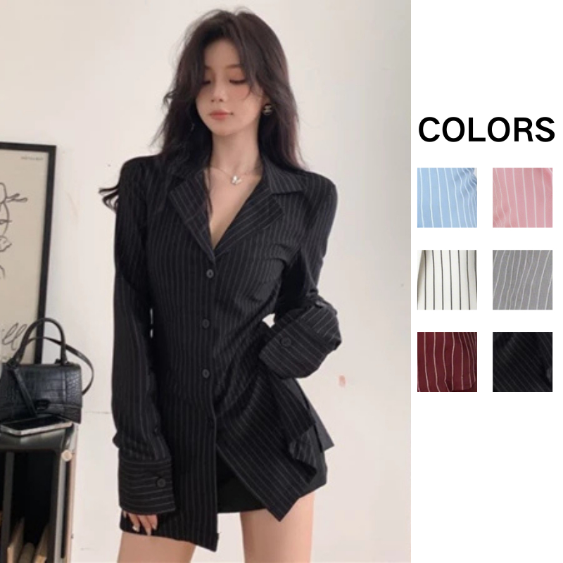 ?Zsndp?[Ready Stock in Malaysia]Kemeja Wispie Blouse Women Korean Women Striped OL Career Shirt Long Sleeve V-neck Waist Slimming Medium Long style Baju Kemeja Perempuan