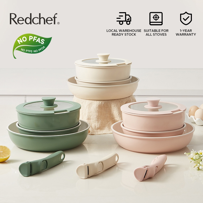Redchef Nonstick Ceramic Rock Cookware Set Handle Removable Green 5Pcs No PFAS& PTFE& PFOA  Suitable for All Stoves