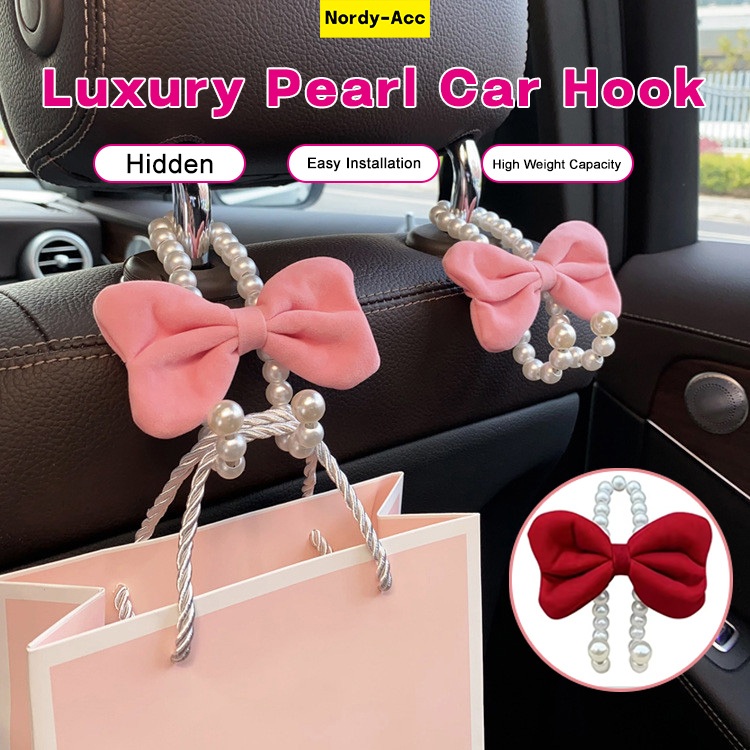 2 Pcs Luxury Pearl Car Hooks, High Load-Bearing Hidden Backseat Organizers for Car Interior Decoration Accessories