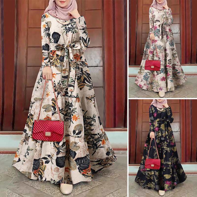 GDTIMA Baju Raya 2025 Viral Ironless Abaya Kaftan Muslimah Printing O Neck Long Sleeve Maxi Dress