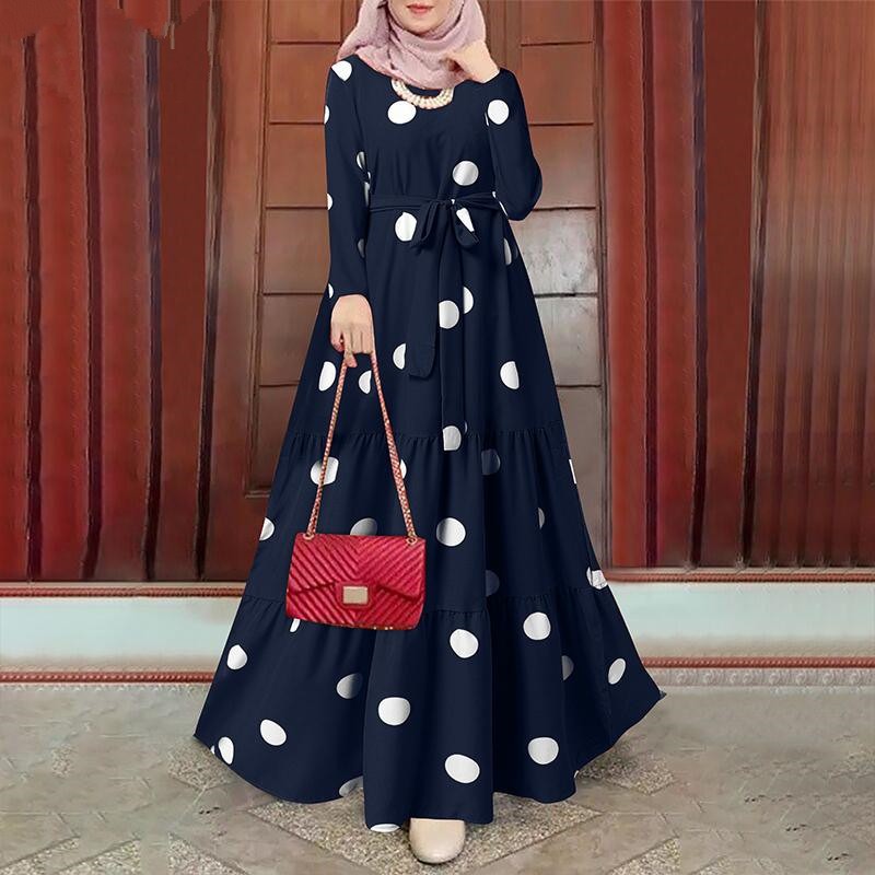 GDTIMA Baju Raya 2025 Viral Muslimah Dress Round Neck Long Sleeved Polka Dot Lace Up Long Dress