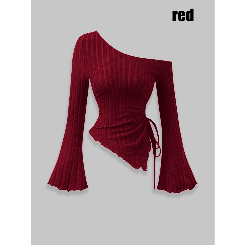 【Ready Stock】Women Wine Red Asymmetrical One-Shoulder Knit Top Flared Sleeve Drawstring Slim Fit Blouse Women Baju Perempuan Gaya Korea Casual Party Trendy Unique Baju Perempuan Style